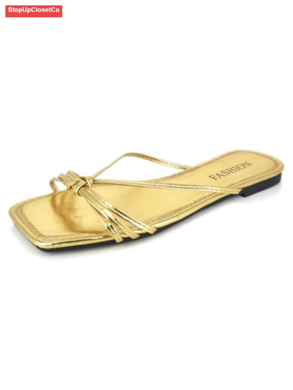 Gold Strappy Square Toe Slip On Platform Sandals Flat Comfortable Beach Slides